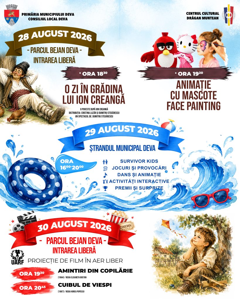 Deva, ultimul weekend de august se transformă într-o poveste pentru copii: trei zile cu mascote, jocuri, spectacole și filme sub cerul liber
